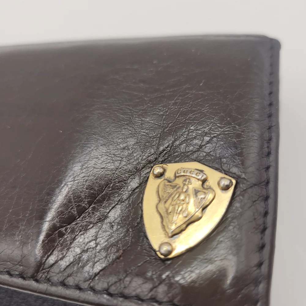 Gucci Vintage Crest Leather Brown Long Wallet
